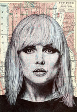 Load image into Gallery viewer, Debbie Harry/ Blondie inspired Greeting card. Printed drawing over map of New York. Blank inside

