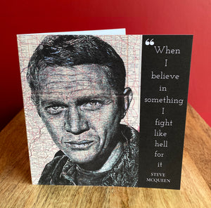 Steve McQueen Birthday Greeting card. Printed drawing over map of Indiana. Blank inside