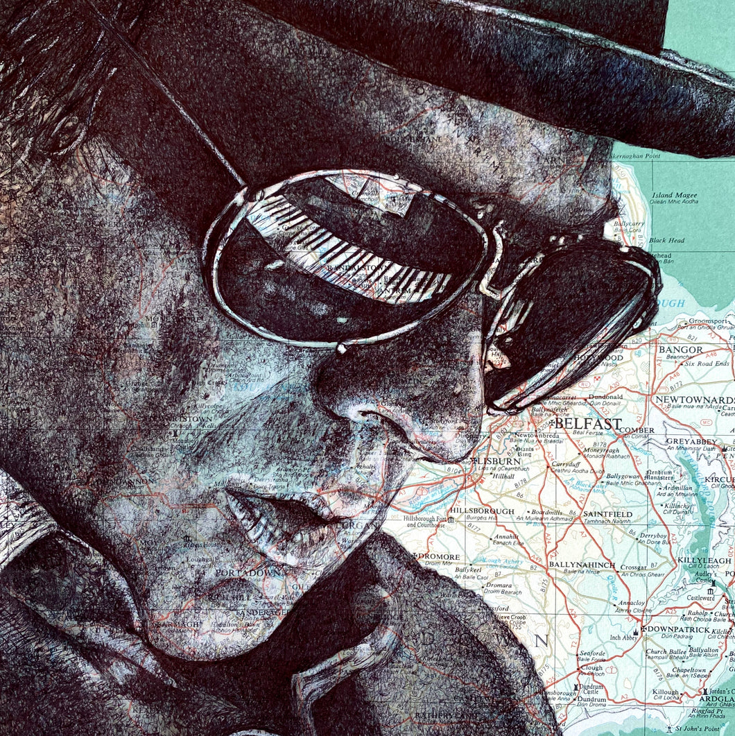 Van Morrison Art Print. Pen drawing over map of Belfast. 20x20cm. Unframed