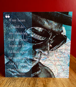 Van Morrison Birthday/ Greeting card. Printed drawing over map of Belfast. Blank inside