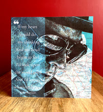 Load image into Gallery viewer, Van Morrison Birthday/ Greeting card. Printed drawing over map of Belfast. Blank inside
