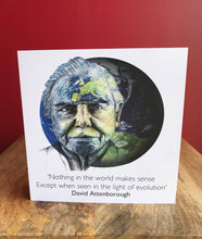 Load image into Gallery viewer, Sir David Attenborough Creeting card. Printed drawing over planet Earth.Blank inside.
