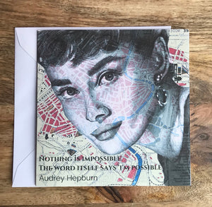 Audrey Hepburn Inspired Greeting Card. Pen drawing over map. Blank inside