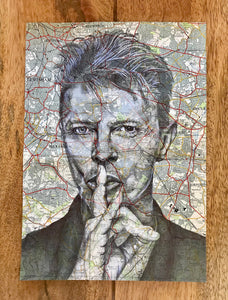 David Bowie Art Print.Pen drawing over map of South London. A4 Unframed.