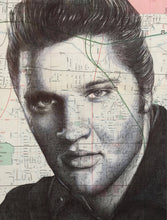 Load image into Gallery viewer, Elvis Presley Art Print. Pen drawing over map of Gracelands, Memphis. A4 Unframed
