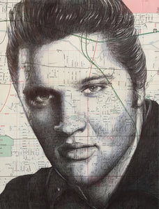 Elvis Presley Art Print. Pen drawing over map of Gracelands, Memphis. A4 Unframed