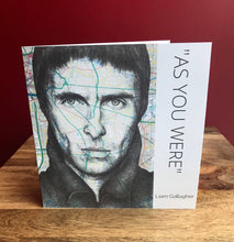 Load image into Gallery viewer, Liam Gallagher Birthday/ Greeting card.Printed drawing over map of Manchester.Blank inside.
