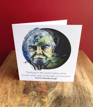 Load image into Gallery viewer, Sir David Attenborough Creeting card. Printed drawing over planet Earth.Blank inside.
