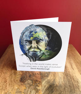 Sir David Attenborough Creeting card. Printed drawing over planet Earth.Blank inside.