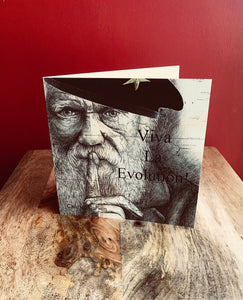Charles Darwin Greeting Card: Printed drawing over map ,Viva La Evolution.Blank inside