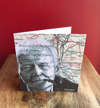 Load image into Gallery viewer, Tony Benn Greeting Card. Printed drawing over map of Chesterfield. Blank Inside.
