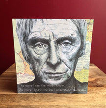 Load image into Gallery viewer, Paul Weller Greeting Card.The Jam/ Style Council. Printed drawing over map. Blank inside
