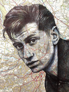 Arctic Monkeys, Alex Turner Inspired Art Print. Portrait in pen over map of Sheffield. A4 Unframed .
