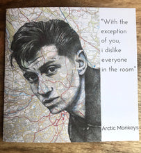 Load image into Gallery viewer, Arctic Monkeys Alex Turner Inspired Greeting Card.Pen drawing over map of Sheffield. Blank inside.
