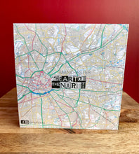 Load image into Gallery viewer, Mark E Smith, The Fall Greeting Card. Printed drawing over map of Manchester.Blank inside .
