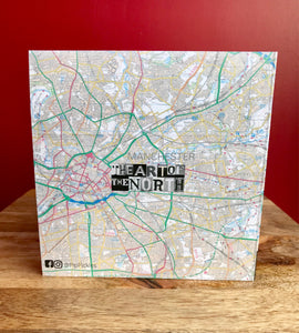 Mark E Smith, The Fall Greeting Card. Printed drawing over map of Manchester.Blank inside .