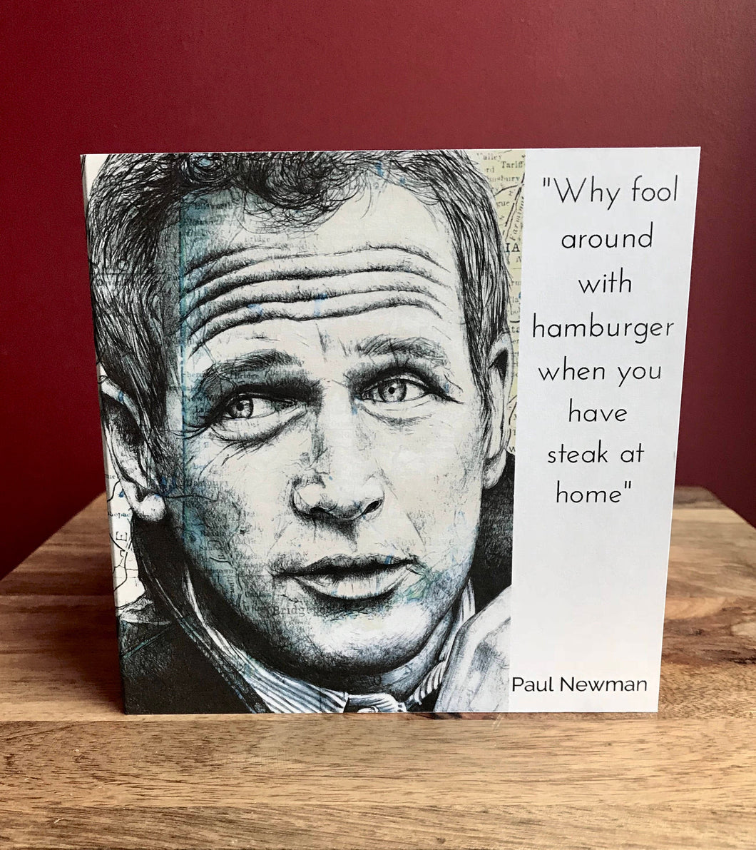 Paul Newman Greeting Card. Printed drawing over map.Blank inside.