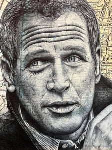 Paul Newman Portrait .Original signed pen drawing over map of Connecticut. Not a print. Unframed
