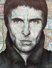 Load image into Gallery viewer, Liam Gallagher Art Print. Pen drawing over map of Manchester. A4 Unframed
