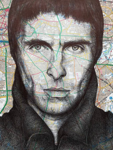 Liam Gallagher Art Print. Pen drawing over map of Manchester. A4 Unframed