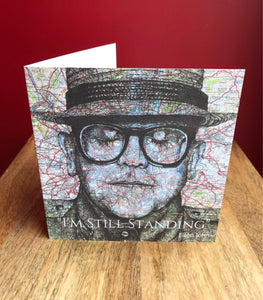 Elton John Greeting Card. Printed Drawing Over Map of London . Blank inside