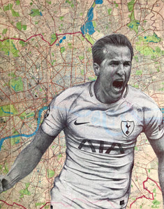 Harry Kane Art Print.Spurs/ England footballer. Pen drawing over map of London. Unframed .