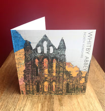 Load image into Gallery viewer, Whitby Abbey,Yorkshire Greeting Card. Printed drawing over map.Blank inside.
