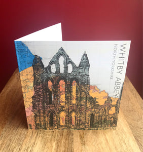 Whitby Abbey,Yorkshire Greeting Card. Printed drawing over map.Blank inside.