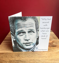 Load image into Gallery viewer, Paul Newman Greeting Card. Printed drawing over map.Blank inside.
