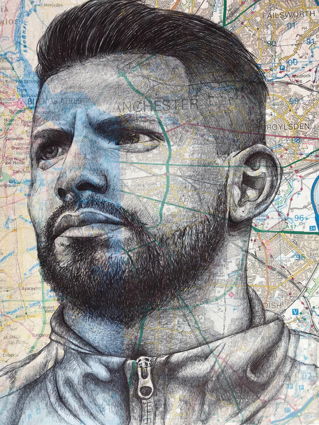 Sergio Aguero Art Print. MCFC & Argentina footballer. Pen drawing over map. A4 Unframed