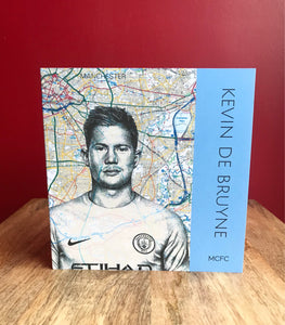 Kevin De Bruyne MCFC Greeting Card. Printed drawing over map of Manchester.Blank inside.