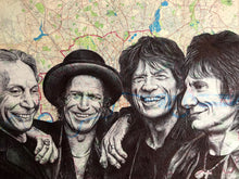 Load image into Gallery viewer, The Rolling Stones Art Print. Printed drawing over map of London.A4 Unframed.
