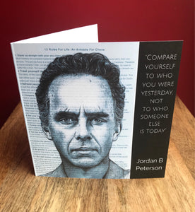 Jordan Peterson Card.Printed drawing over his 12 Rules For Life. Blank inside