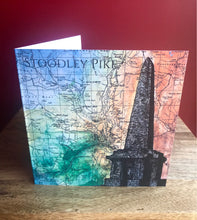 Load image into Gallery viewer, Stoodley Pike Greeting Card. Printed artwork over map of Pennines/West Yorkshire. Blank inside.
