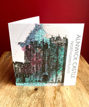 Load image into Gallery viewer, Alnwick Castle Inspired Greeting Card. Pen drawing over map of Northumberland. Blank inside
