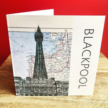 Load image into Gallery viewer, Blackpool Tower Greeting card. Printed Drawing Over Vintage Map. Blank inside

