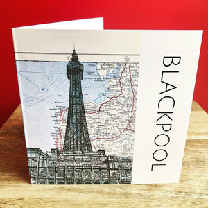 Blackpool Tower Greeting card. Printed Drawing Over Vintage Map. Blank inside