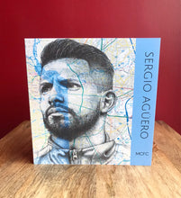 Load image into Gallery viewer, Sergio Agüero MCFC Inspired Birthday/ Greeting card. Printed drawing over map.Blank inside.
