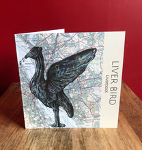 Load image into Gallery viewer, Liver Bird Greeting Card. Printed Drawing on Map of Liverpool. Blank inside
