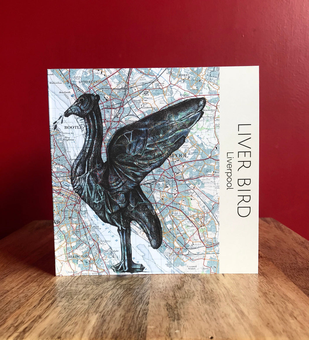 Liver Bird Greeting Card. Printed Drawing on Map of Liverpool. Blank inside