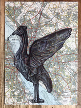 Load image into Gallery viewer, Liver Bird Art Print. Pen drawing on vintage map of Liverpool. A4 Unframed.
