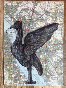 Liver Bird Art Print. Pen drawing on vintage map of Liverpool. A4 Unframed.
