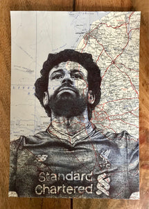 Mo Salah, Liverpool FC Art Print. Pen drawing over vintage map of Liverpool. A4 Unframed