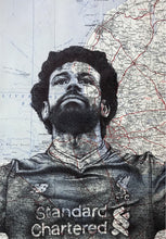 Load image into Gallery viewer, Mo Salah, Liverpool FC Art Print. Pen drawing over vintage map of Liverpool. A4 Unframed
