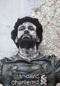 Mo Salah, Liverpool FC Art Print. Pen drawing over vintage map of Liverpool. A4 Unframed