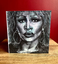 Load image into Gallery viewer, Tina Turner Greeting Card. Printed drawing over map. Blank inside
