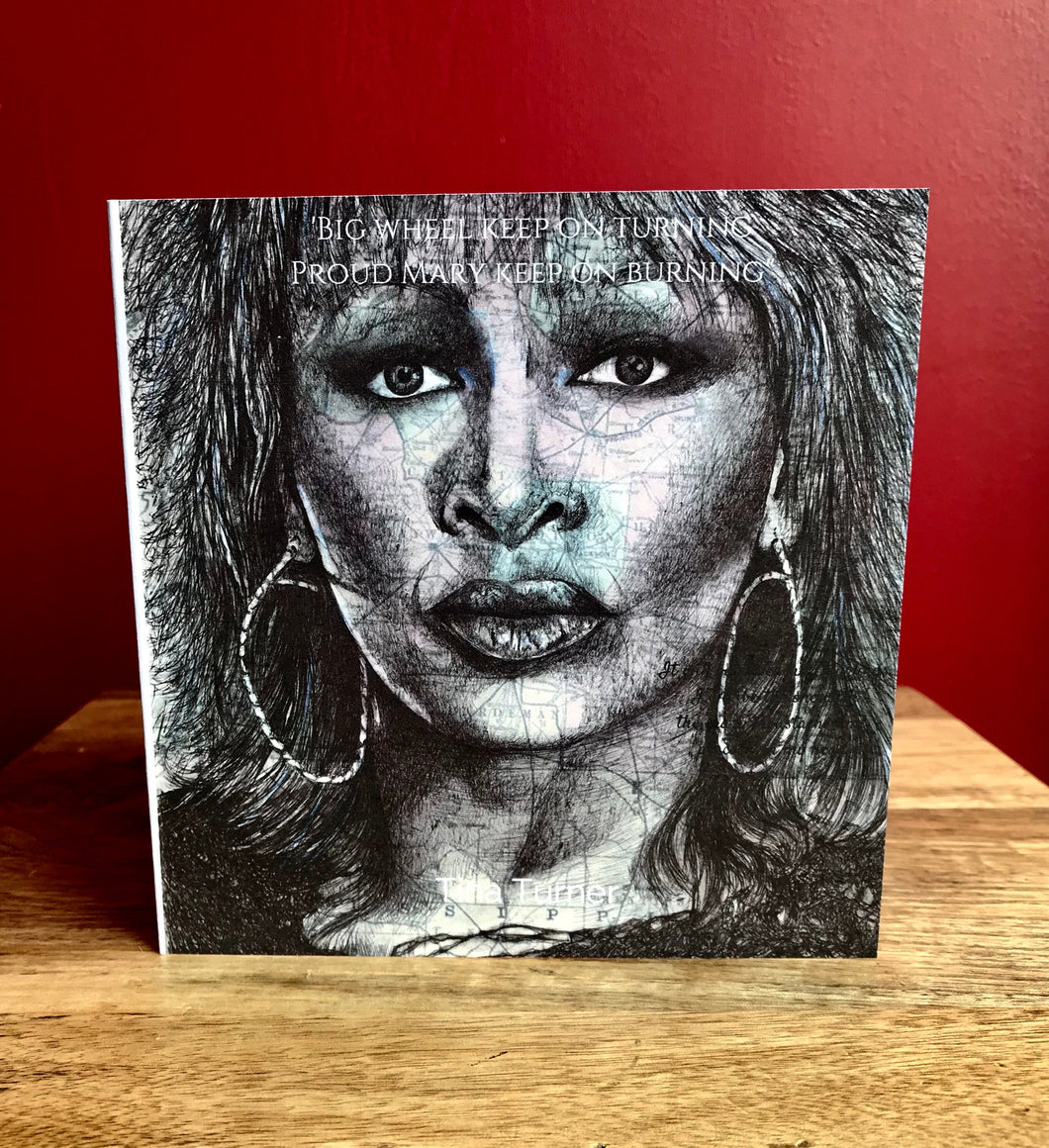 Tina Turner Greeting Card. Printed drawing over map. Blank inside