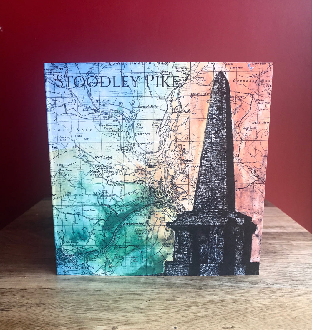 Stoodley Pike Greeting Card. Printed artwork over map of Pennines/West Yorkshire. Blank inside.