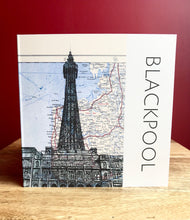 Load image into Gallery viewer, Blackpool Tower Greeting card. Printed Drawing Over Vintage Map. Blank inside

