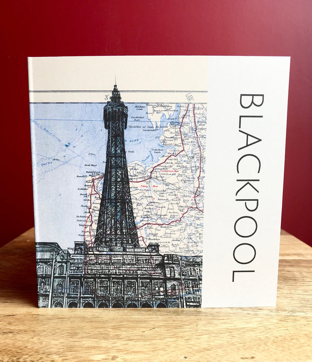Blackpool Tower Greeting card. Printed Drawing Over Vintage Map. Blank inside